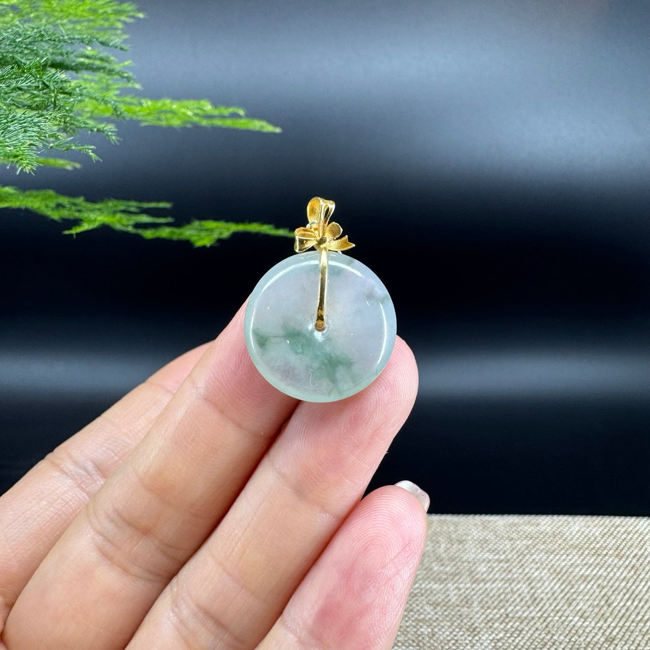 "Good Luck Button"Icy Green Jadeite Jade Lucky KouKou Pendant With 18K Yellow Gold Bail