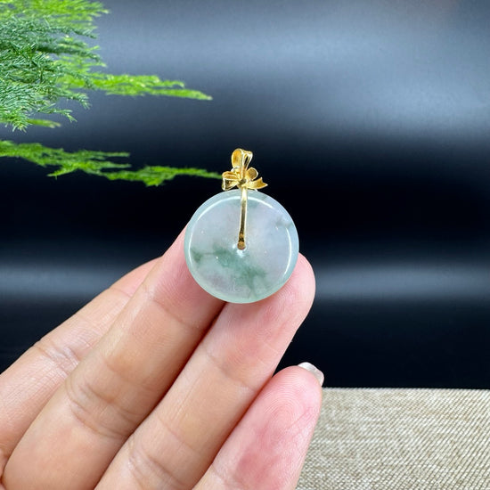 "Good Luck Button"Icy Green Jadeite Jade Lucky KouKou Pendant With 18K Yellow Gold Bail