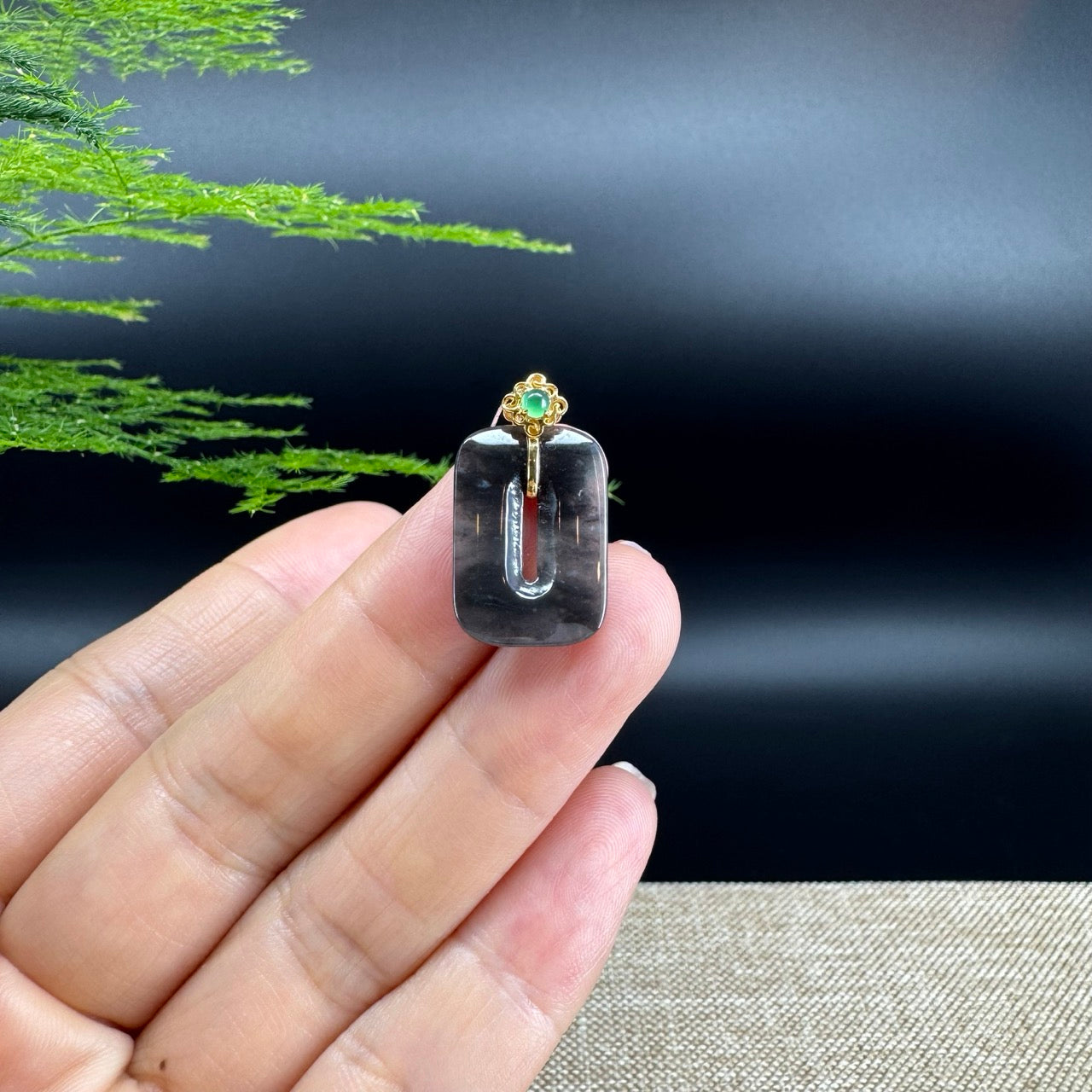 "Good Luck Button"Icy Black Jadeite Jade Lucky KouKou Pendant With 18K Yellow Gold Bail