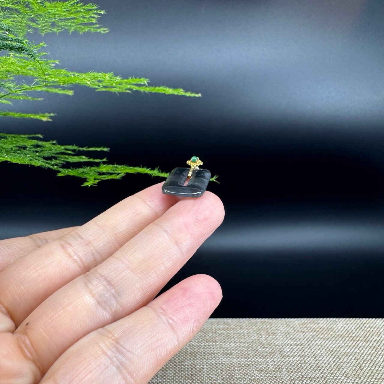 "Good Luck Button"Icy Black Jadeite Jade Lucky KouKou Pendant With 18K Yellow Gold Bail