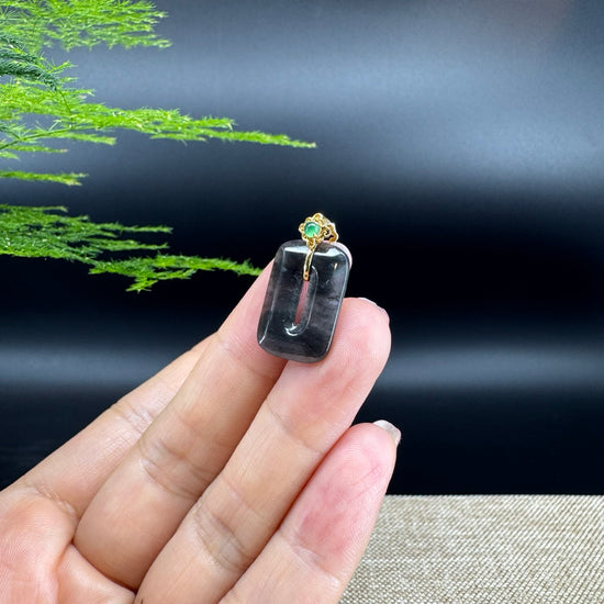 "Good Luck Button"Icy Black Jadeite Jade Lucky KouKou Pendant With 18K Yellow Gold Bail