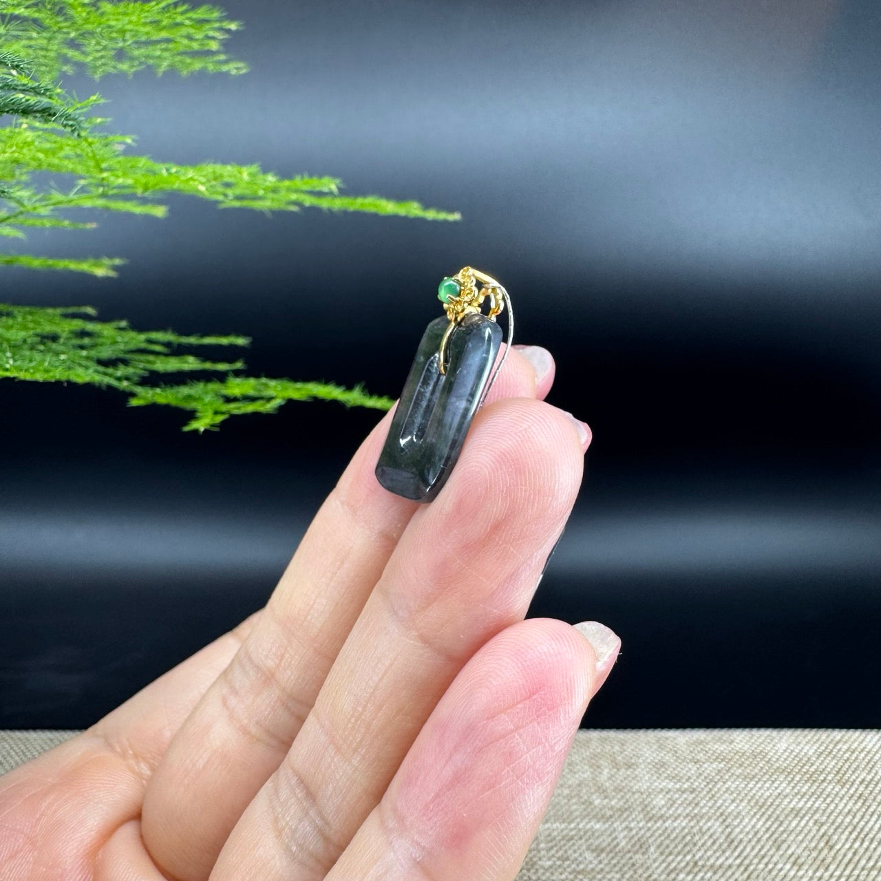 "Good Luck Button"Icy Black Jadeite Jade Lucky KouKou Pendant With 18K Yellow Gold Bail