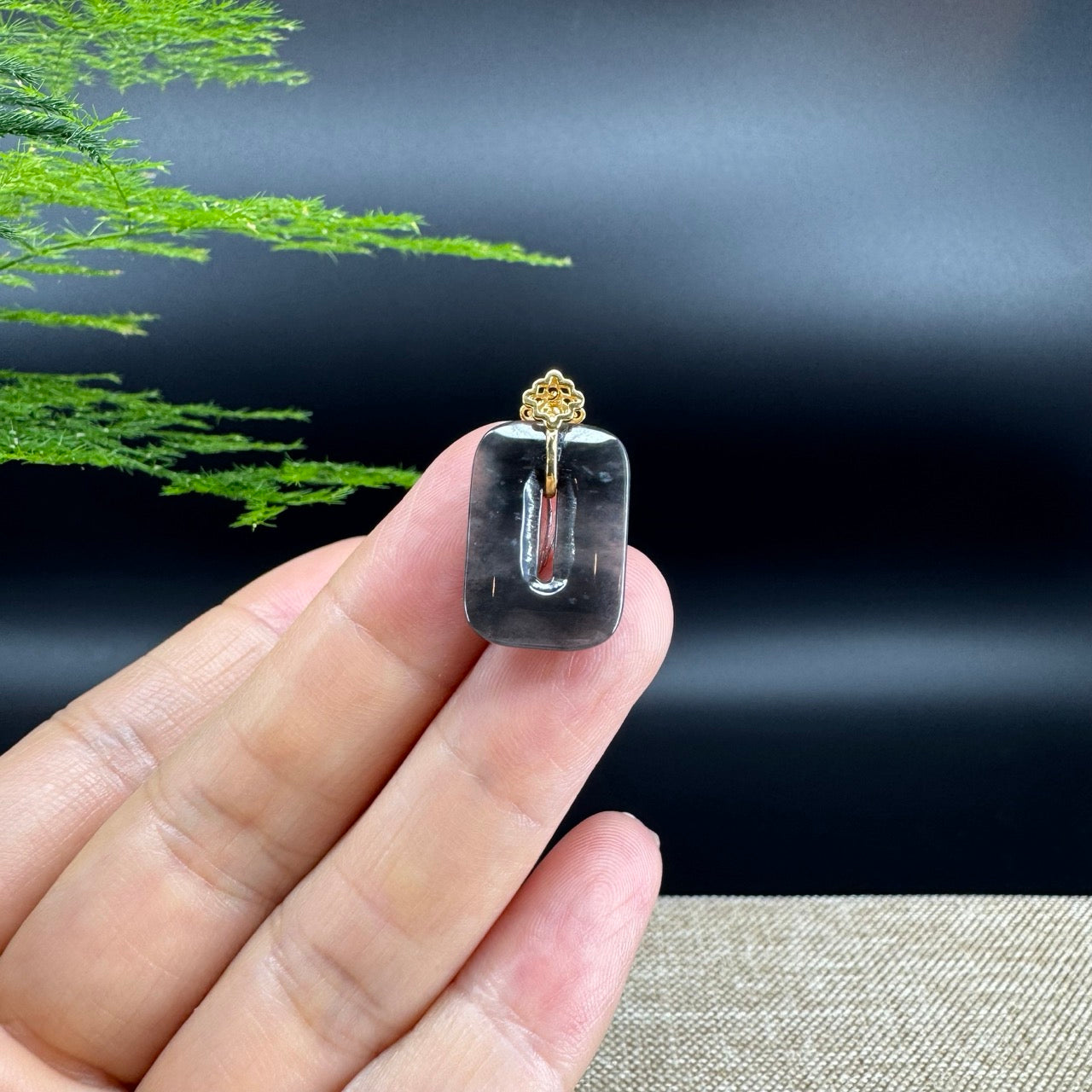 "Good Luck Button"Icy Black Jadeite Jade Lucky KouKou Pendant With 18K Yellow Gold Bail