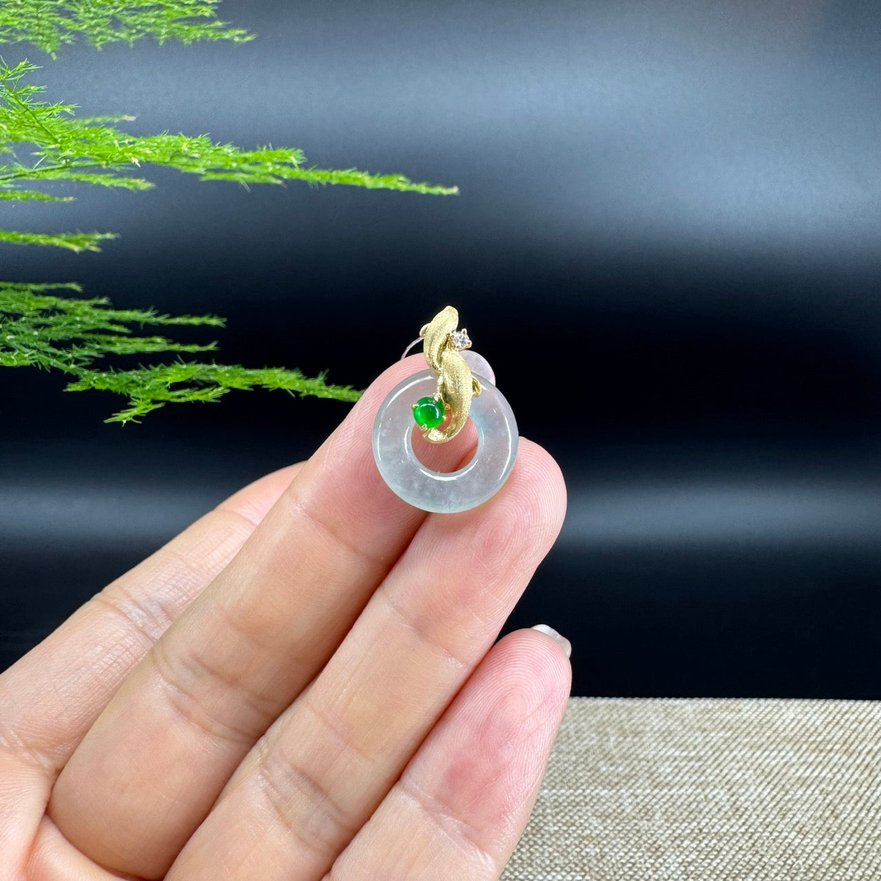 "Good Luck Button"Icy Jadeite Jade Lucky KouKou Pendant With 18K Yellow Gold Diamonds Bail