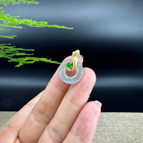 "Good Luck Button"Icy Jadeite Jade Lucky KouKou Pendant With 18K Yellow Gold Diamonds Bail