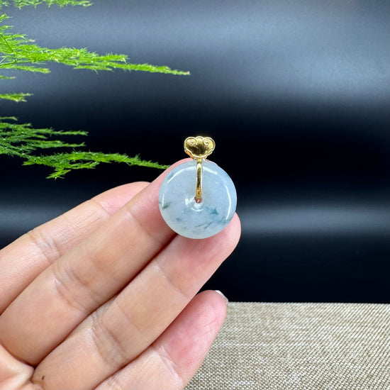 "Good Luck Button" Ice Green Jadeite Jade Lucky KouKou Pendant With 18K Yellow Gold Bail