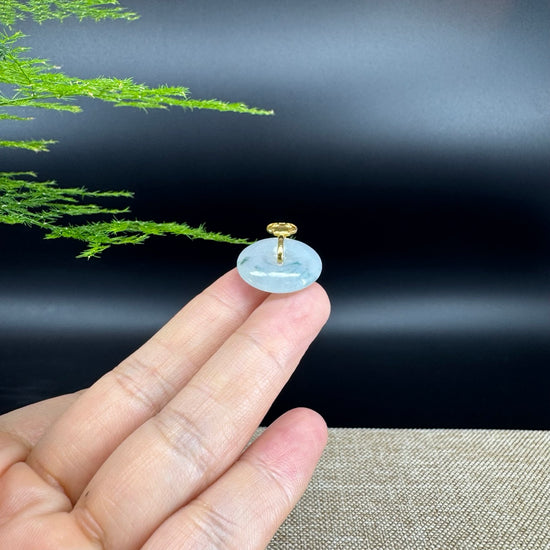 "Good Luck Button" Ice Green Jadeite Jade Lucky KouKou Pendant With 18K Yellow Gold Bail