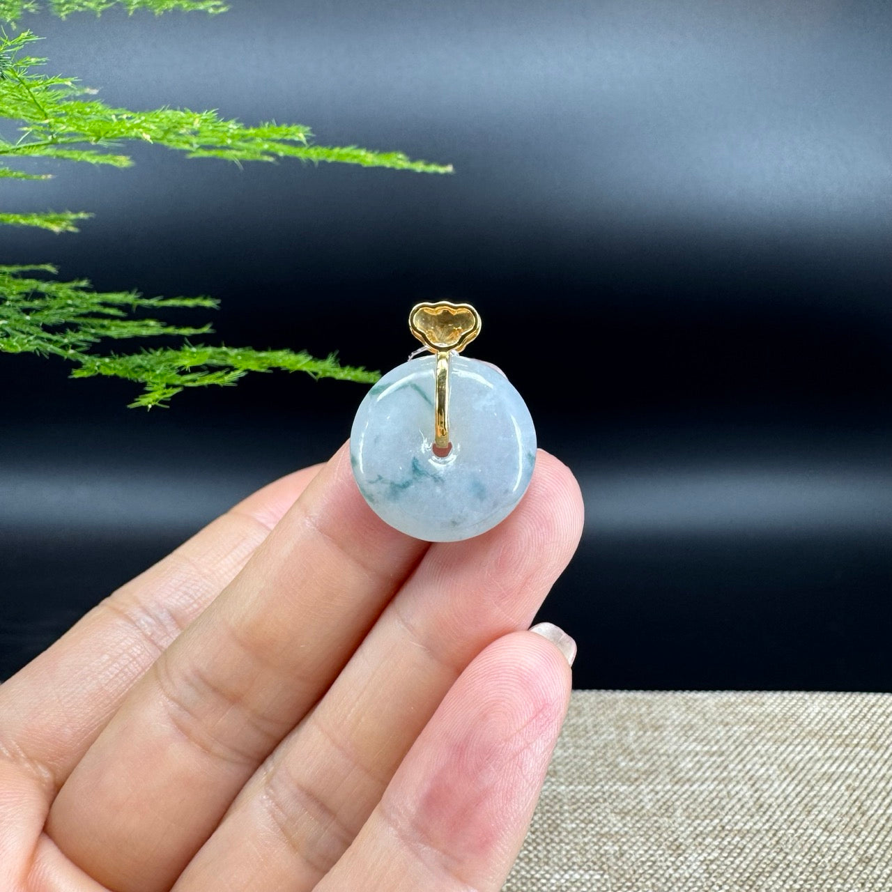 "Good Luck Button" Ice Green Jadeite Jade Lucky KouKou Pendant With 18K Yellow Gold Bail