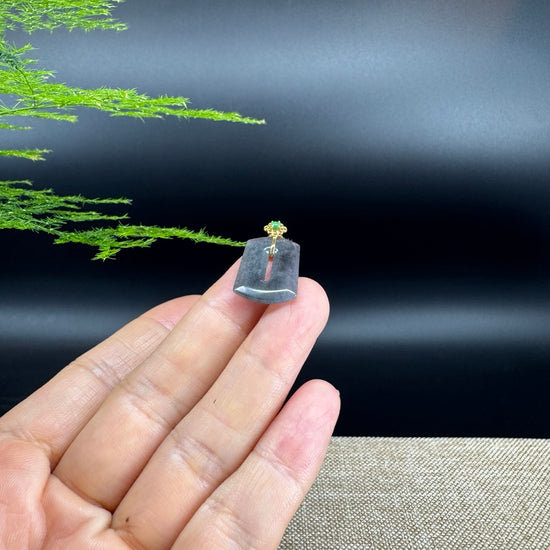 "Good Luck Button"Icy Black Jadeite Jade Lucky KouKou Pendant With 18K Yellow Gold Bail