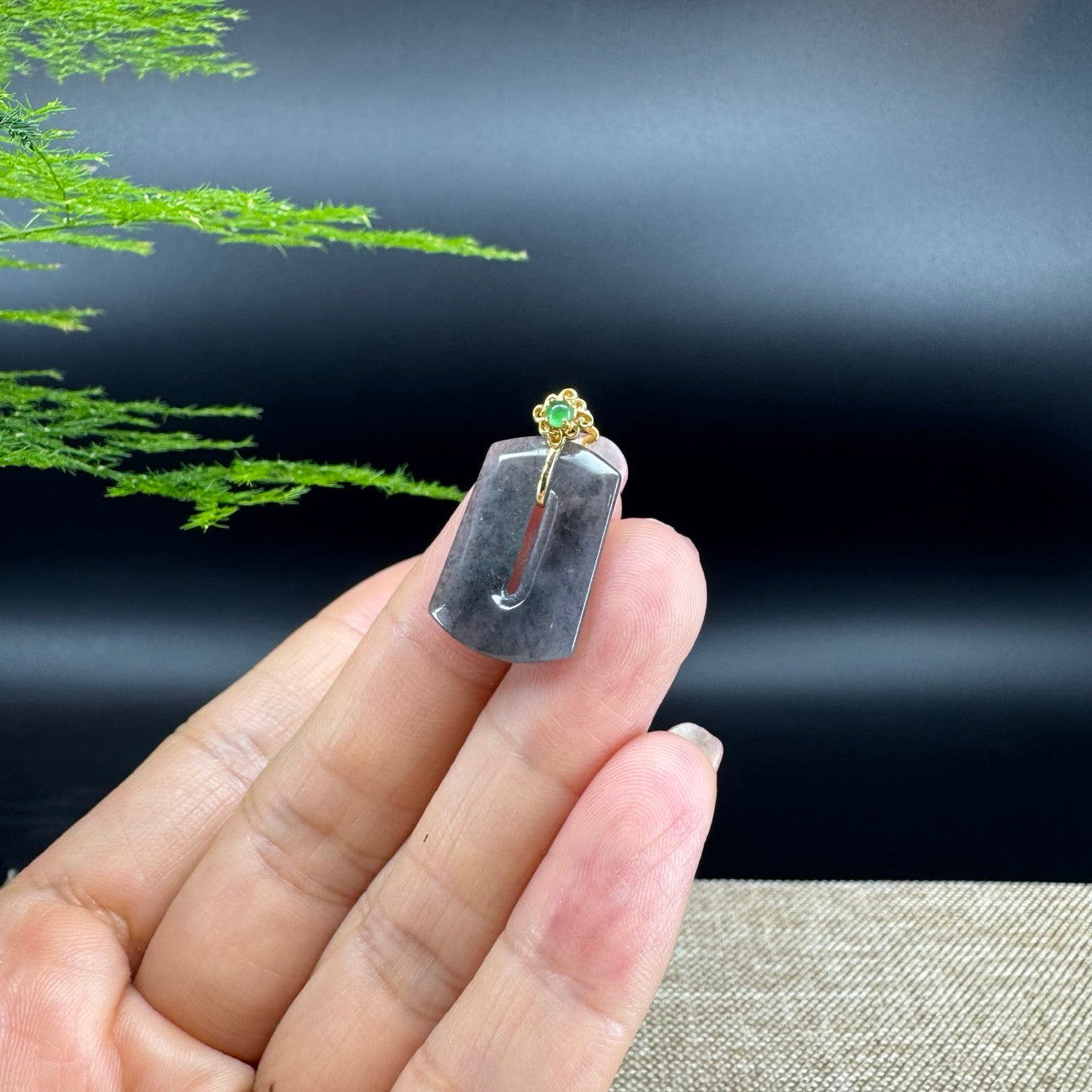 "Good Luck Button"Icy Black Jadeite Jade Lucky KouKou Pendant With 18K Yellow Gold Bail