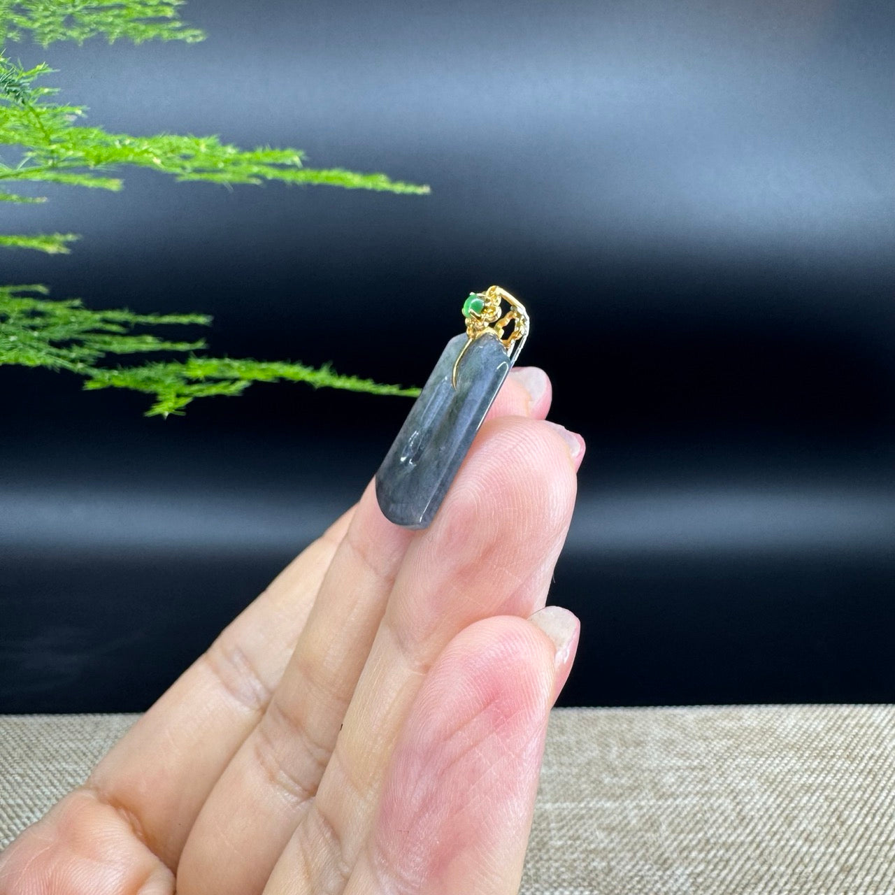 "Good Luck Button"Icy Black Jadeite Jade Lucky KouKou Pendant With 18K Yellow Gold Bail