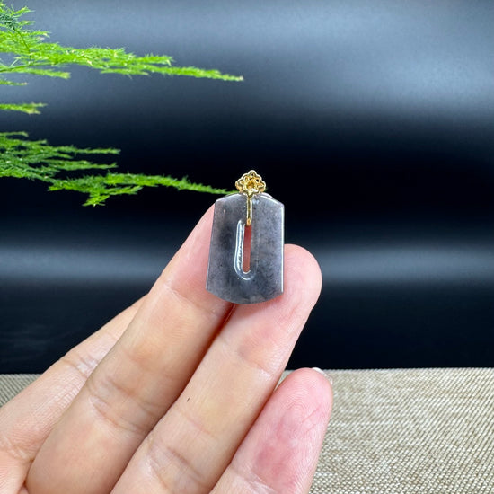 "Good Luck Button"Icy Black Jadeite Jade Lucky KouKou Pendant With 18K Yellow Gold Bail
