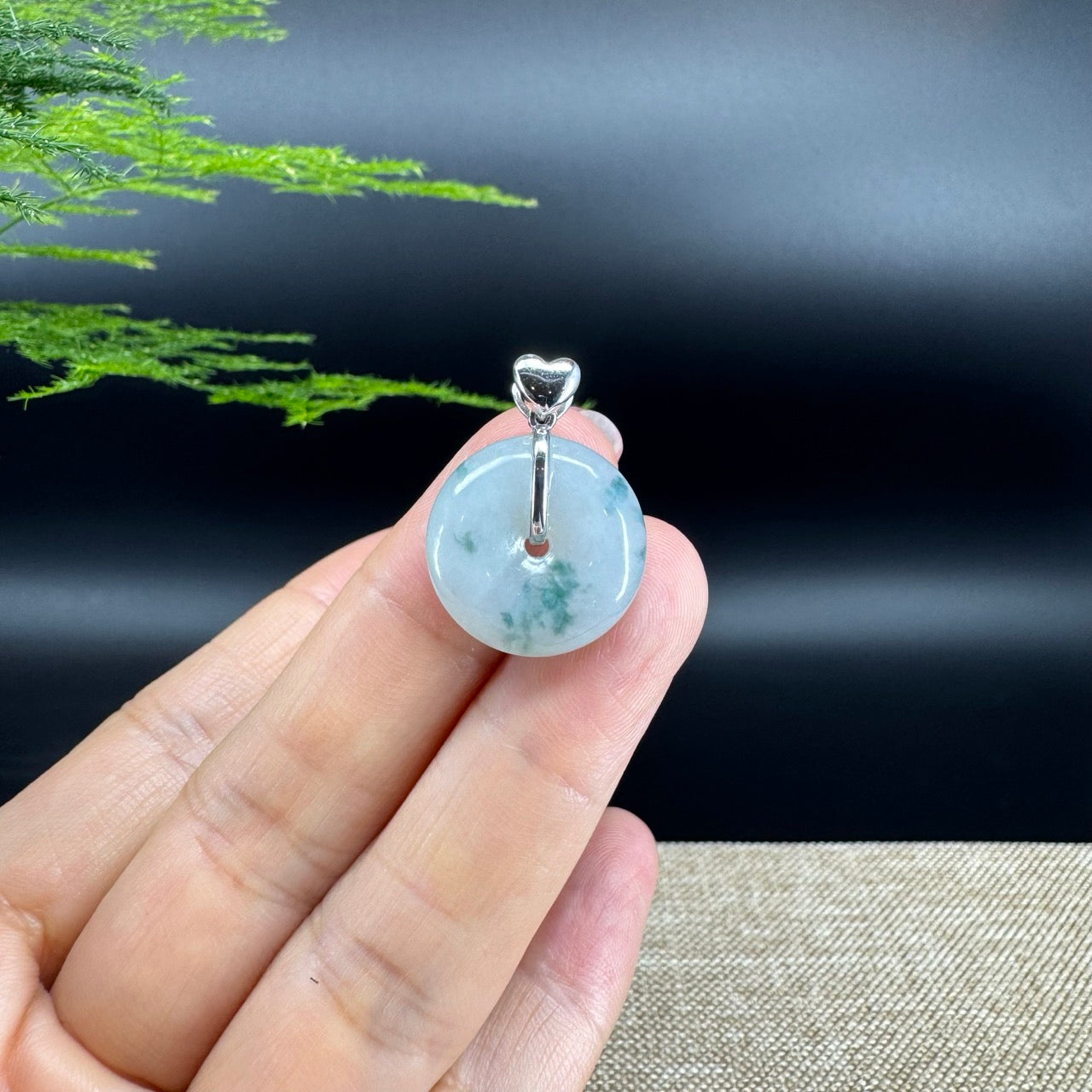 "Good Luck Button"Icy Blue Green Jadeite Jade Lucky KouKou Pendant With 18K White Gold Bail