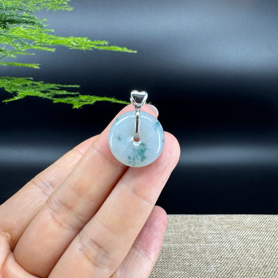 "Good Luck Button"Icy Blue Green Jadeite Jade Lucky KouKou Pendant With 18K White Gold Bail