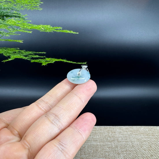 "Good Luck Button"Icy Blue Green Jadeite Jade Lucky KouKou Pendant With 18K White Gold Bail