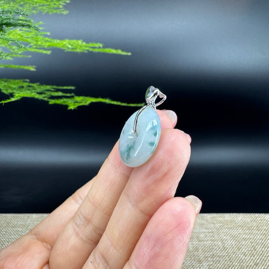 "Good Luck Button"Icy Blue Green Jadeite Jade Lucky KouKou Pendant With 18K White Gold Bail