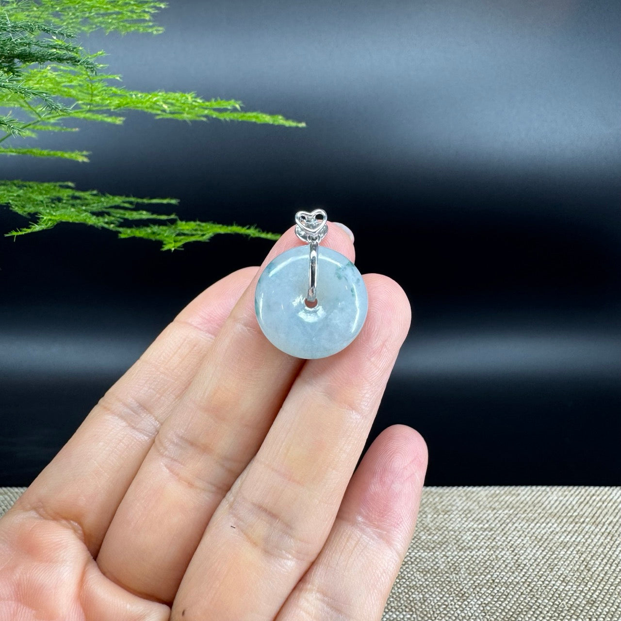 "Good Luck Button"Icy Blue Green Jadeite Jade Lucky KouKou Pendant With 18K White Gold Bail