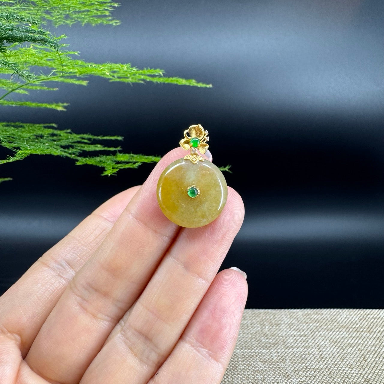 "Good Luck Button" Yellow Jadeite Jade Lucky KouKou Pendant With 18K Yellow Gold Diamonds Bail