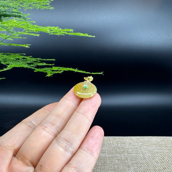 "Good Luck Button" Yellow Jadeite Jade Lucky KouKou Pendant With 18K Yellow Gold Diamonds Bail