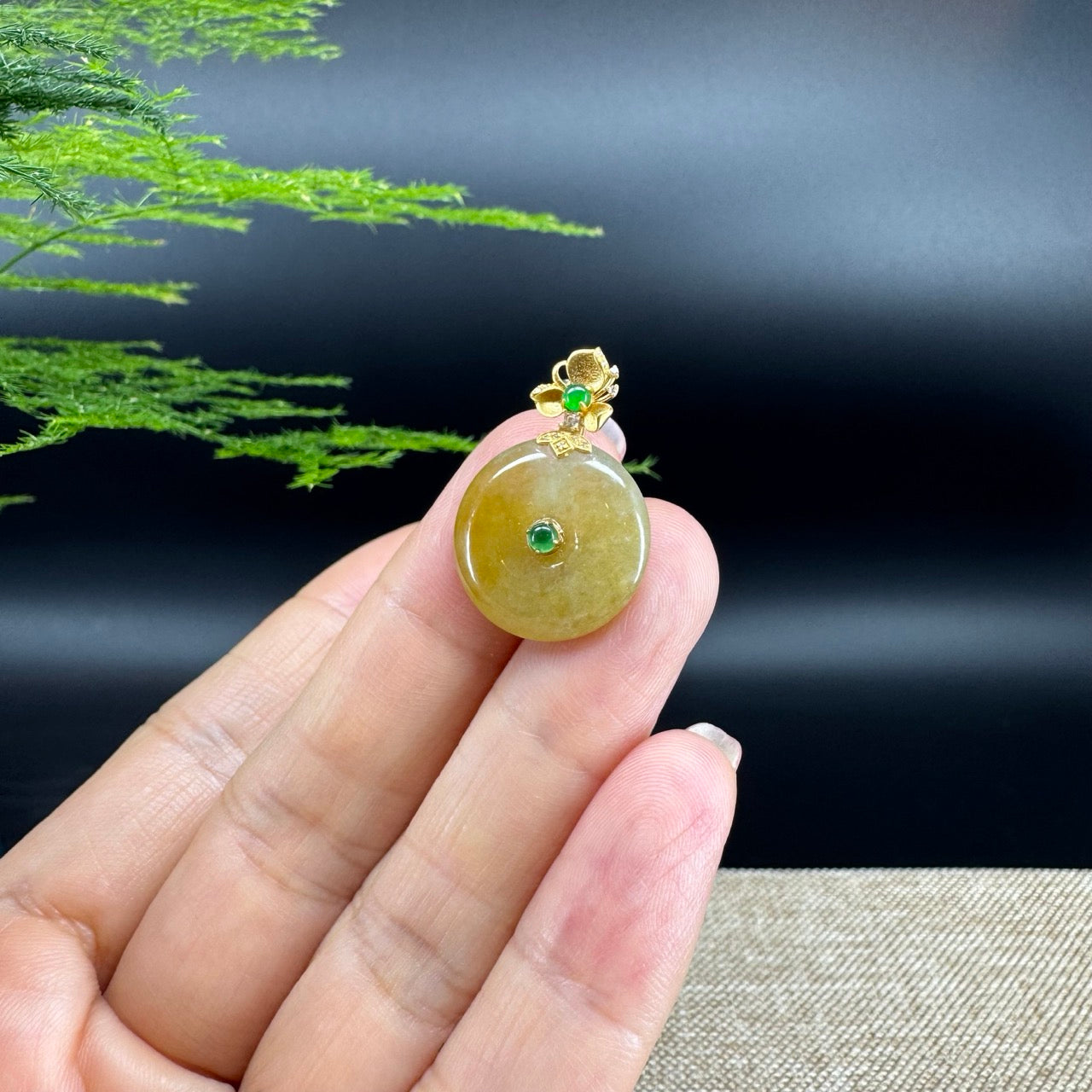 "Good Luck Button" Yellow Jadeite Jade Lucky KouKou Pendant With 18K Yellow Gold Diamonds Bail