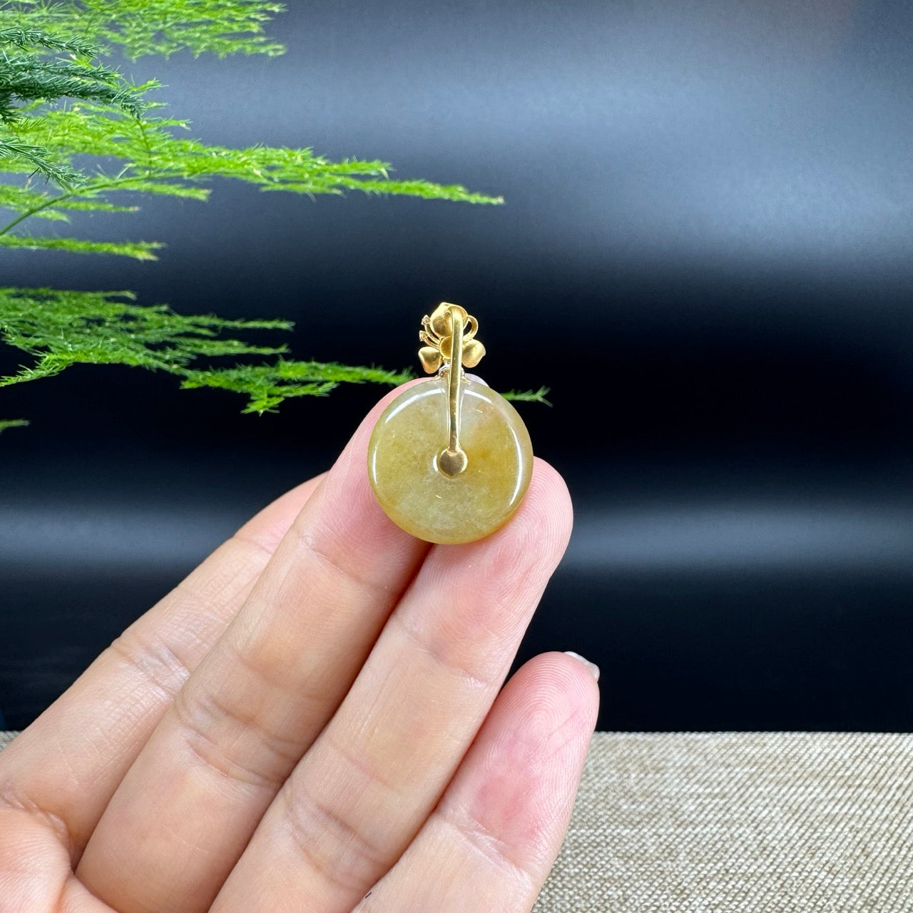"Good Luck Button" Yellow Jadeite Jade Lucky KouKou Pendant With 18K Yellow Gold Diamonds Bail