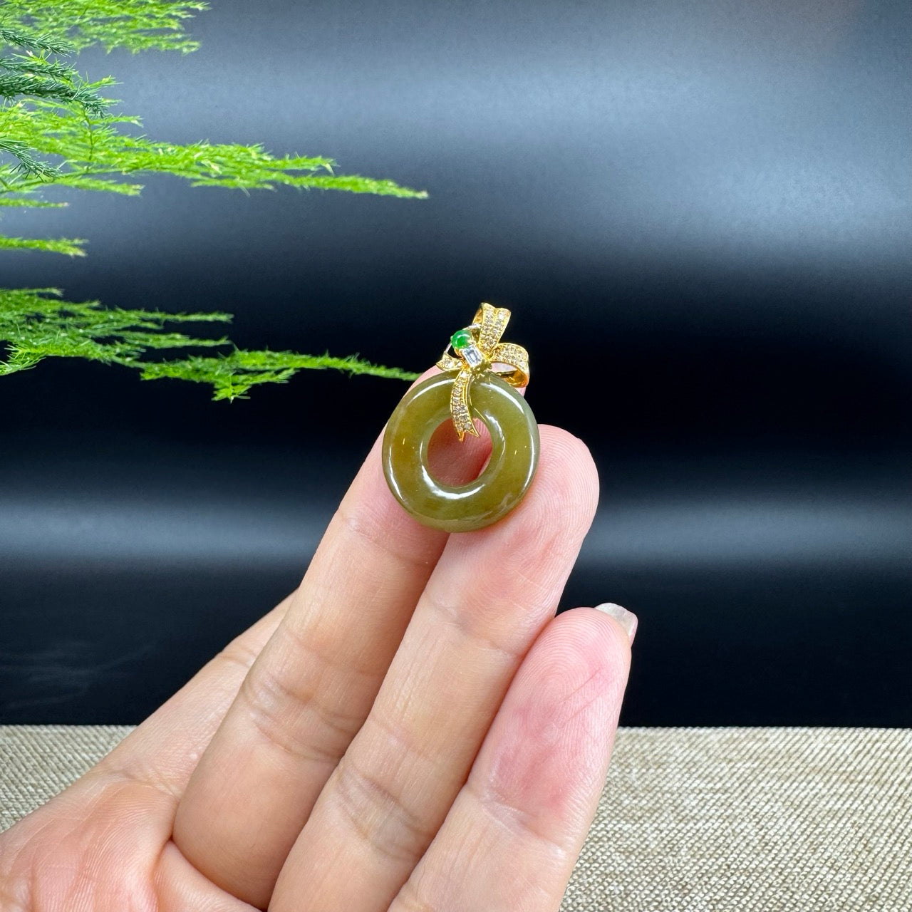 "Good Luck Button" Matcha Green Jadeite Jade Lucky KouKou Pendant With 18K Yellow Gold Diamonds Bail