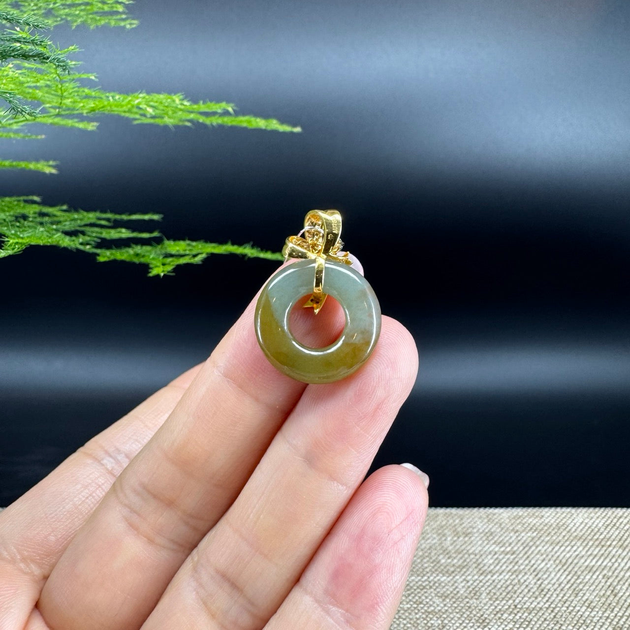 "Good Luck Button" Matcha Green Jadeite Jade Lucky KouKou Pendant With 18K Yellow Gold Diamonds Bail