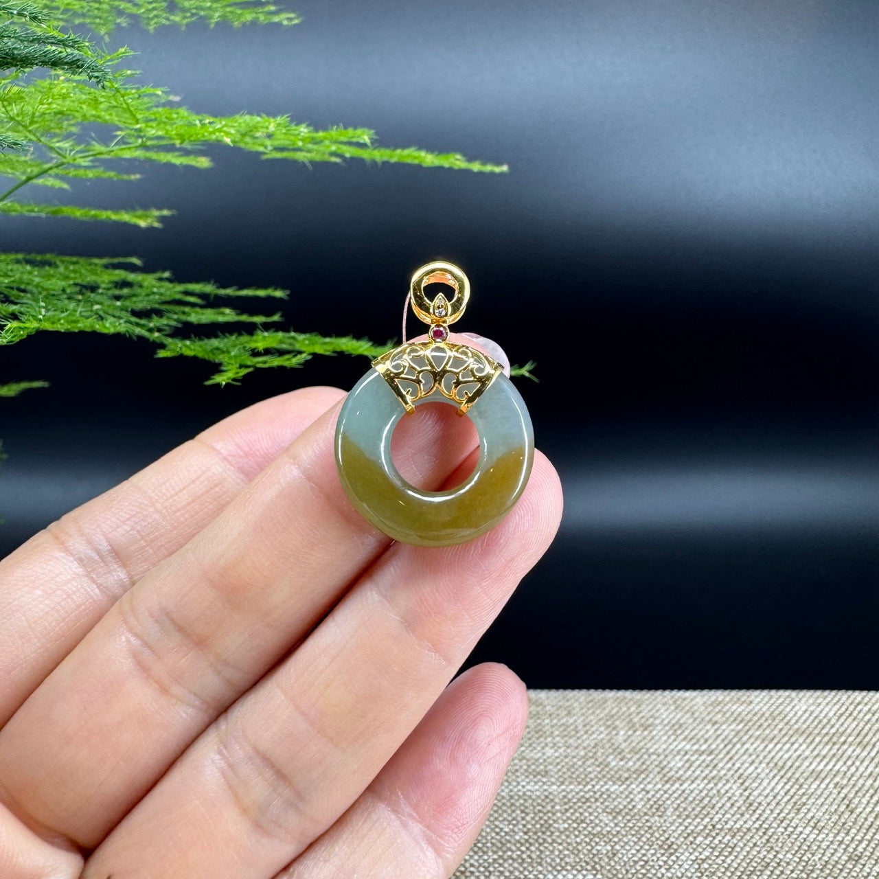 "Good Luck Button" Yellow Green Jadeite Jade Lucky KouKou Pendant With 18K Yellow Gold Diamonds Bail