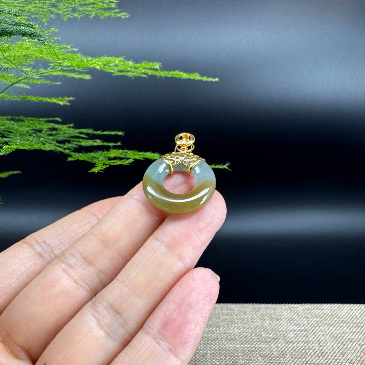 "Good Luck Button" Yellow Green Jadeite Jade Lucky KouKou Pendant With 18K Yellow Gold Diamonds Bail