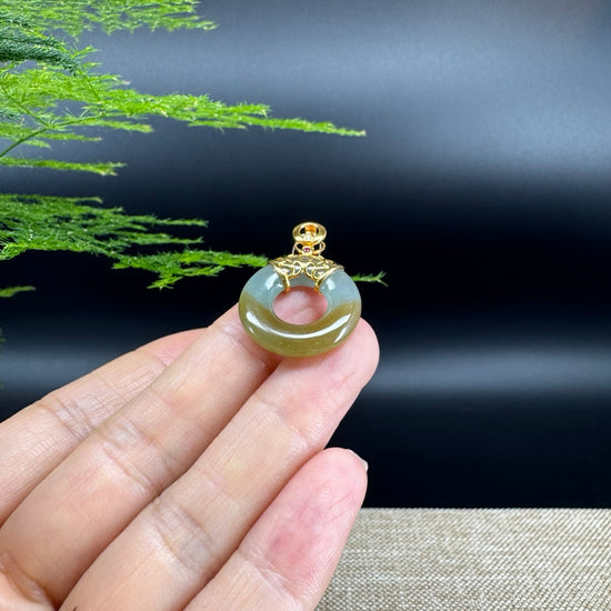"Good Luck Button" Yellow Green Jadeite Jade Lucky KouKou Pendant With 18K Yellow Gold Diamonds Bail