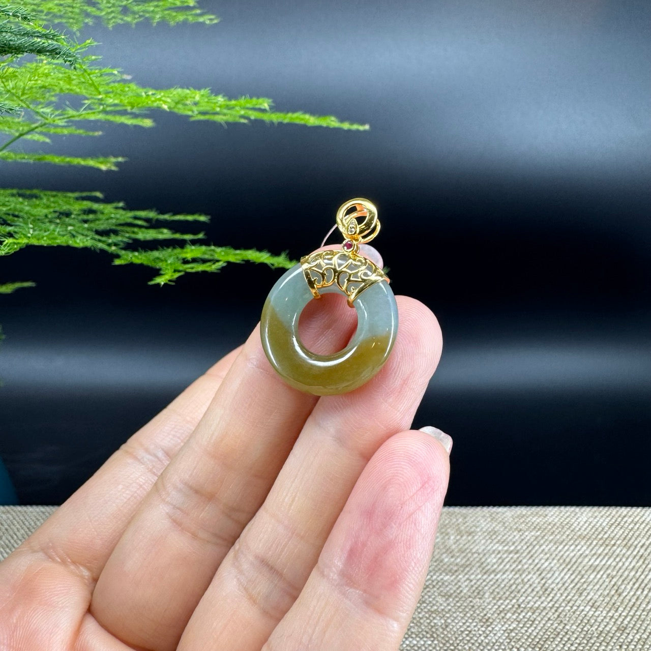 "Good Luck Button" Yellow Green Jadeite Jade Lucky KouKou Pendant With 18K Yellow Gold Diamonds Bail