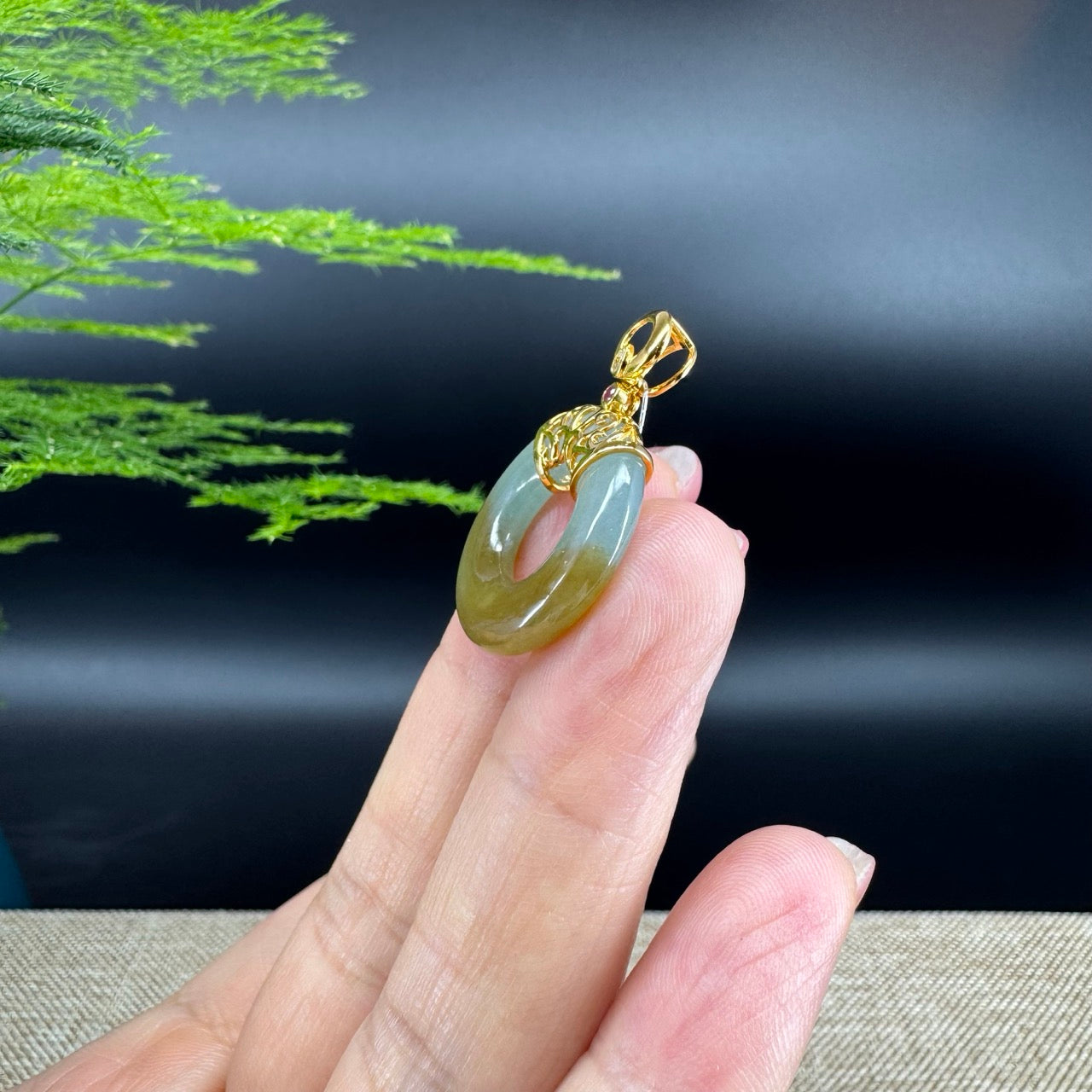 "Good Luck Button" Yellow Green Jadeite Jade Lucky KouKou Pendant With 18K Yellow Gold Diamonds Bail