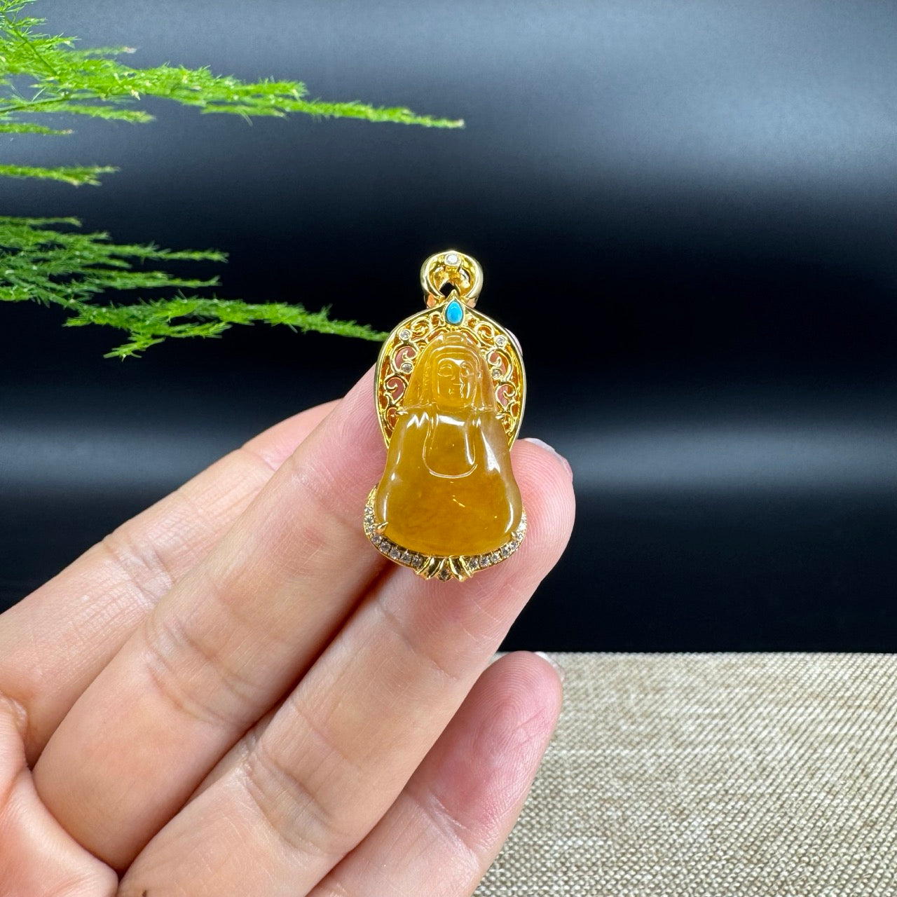 High-end 18K Yellow Gold Burmese Honey Yellow Jadeite Jade Guanyin Pendant with Diamond