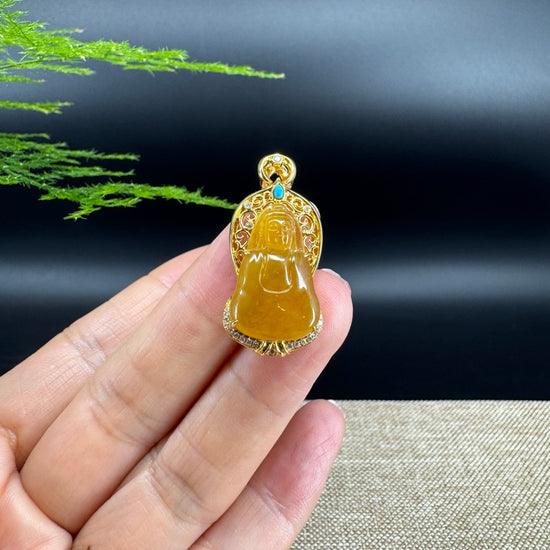 High-end 18K Yellow Gold Burmese Honey Yellow Jadeite Jade Guanyin Pendant with Diamond