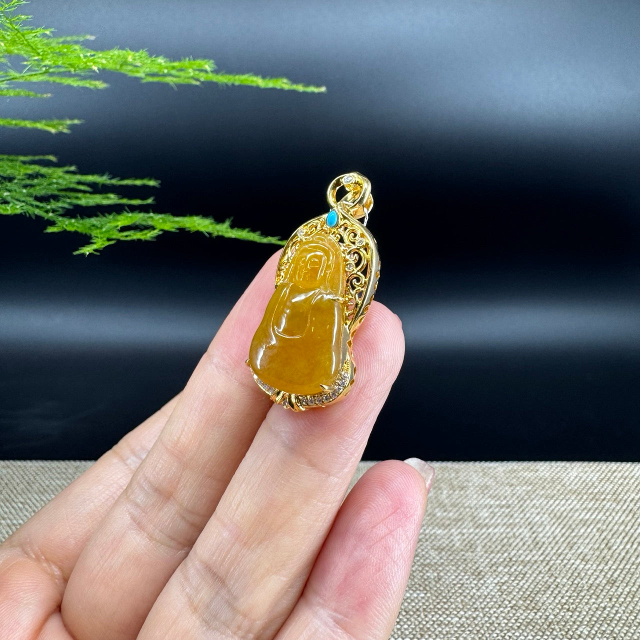 High-end 18K Yellow Gold Burmese Honey Yellow Jadeite Jade Guanyin Pendant with Diamond