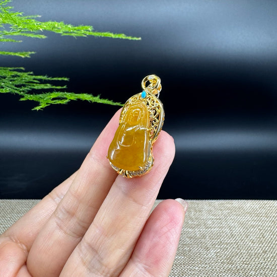 High-end 18K Yellow Gold Burmese Honey Yellow Jadeite Jade Guanyin Pendant with Diamond