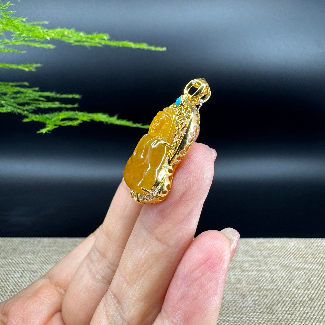 High-end 18K Yellow Gold Burmese Honey Yellow Jadeite Jade Guanyin Pendant with Diamond
