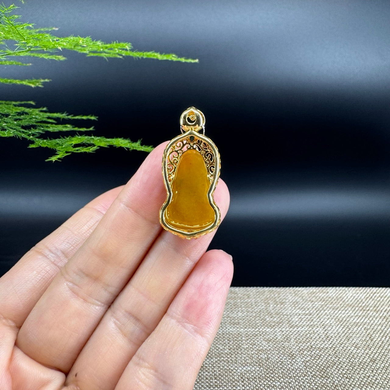 High-end 18K Yellow Gold Burmese Honey Yellow Jadeite Jade Guanyin Pendant with Diamond