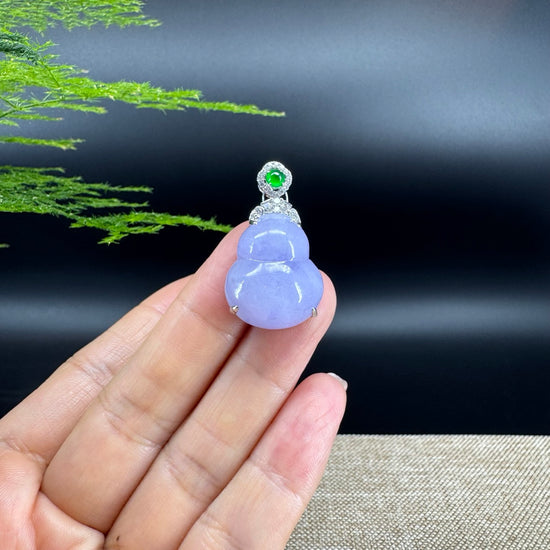 RealJade® Co. Genuine Lavender Jadeite Jade Good Luck Hulu Bottle Gourd Necklace With 18K White Gold Bail