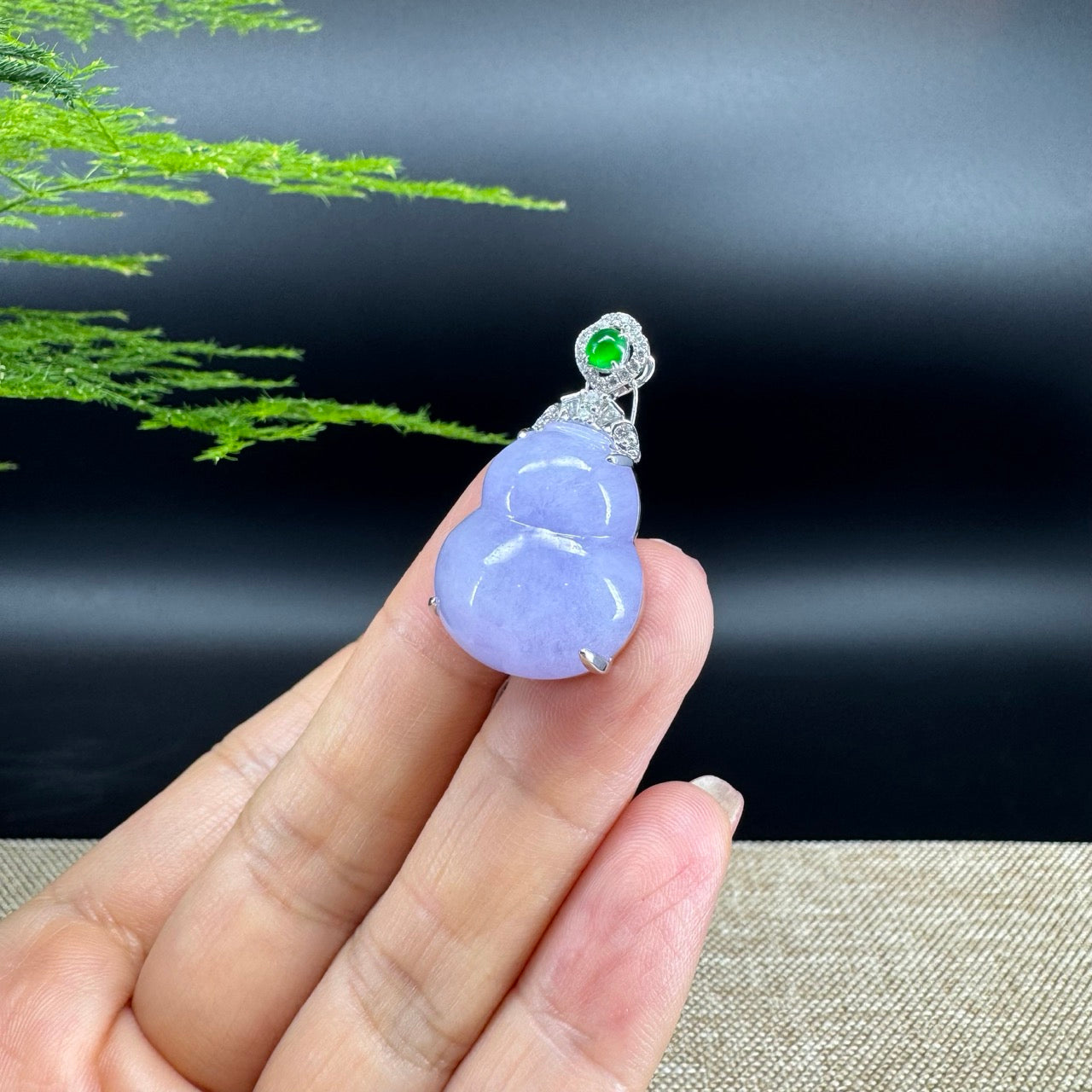 RealJade® Co. Genuine Lavender Jadeite Jade Good Luck Hulu Bottle Gourd Necklace With 18K White Gold Bail