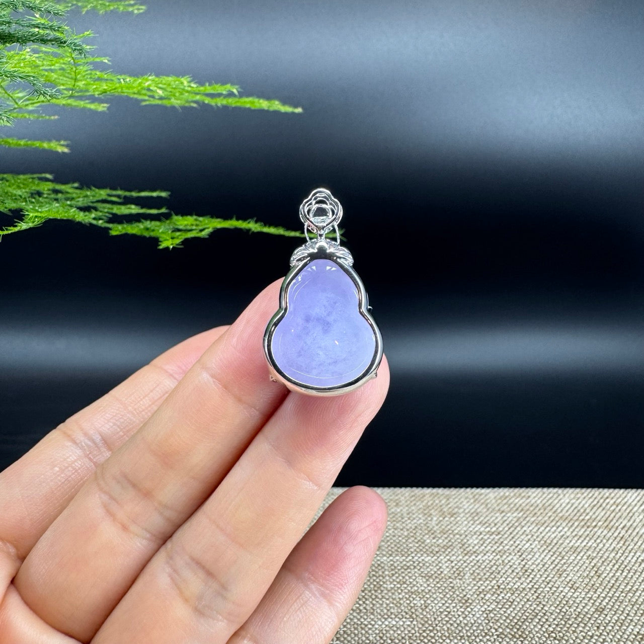 RealJade® Co. Genuine Lavender Jadeite Jade Good Luck Hulu Bottle Gourd Necklace With 18K White Gold Bail