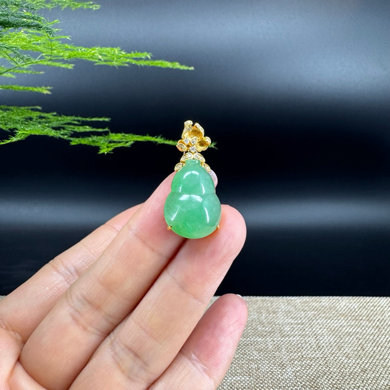 RealJade® Co. Genuine Green Jadeite Jade Good Luck Hulu Bottle Gourd Necklace With 18K Yellow Gold Diamonds Bail