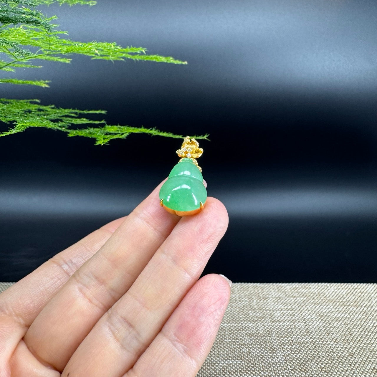 RealJade® Co. Genuine Green Jadeite Jade Good Luck Hulu Bottle Gourd Necklace With 18K Yellow Gold Diamonds Bail