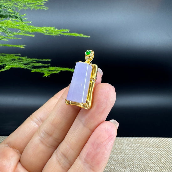 "Good Luck Button"Lavender Jadeite Jade Bamboo Pendant With 18K Yellow Gold Diamonds Bail