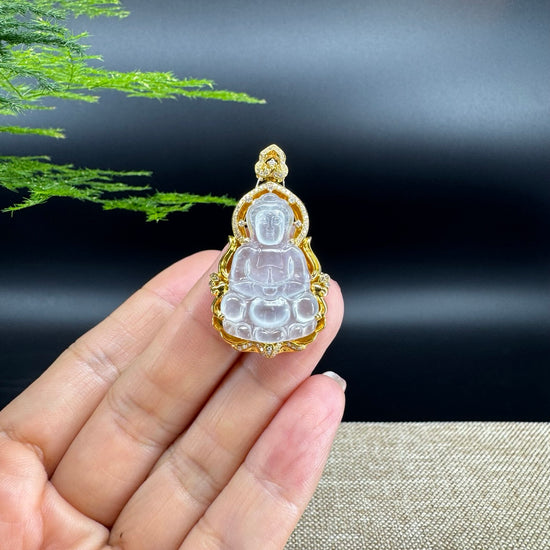 High-end 18K Yellow Gold Burmese Icy Jadeite Jade Guanyin Pendant with Diamond