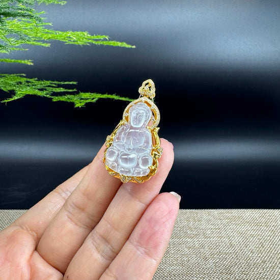 High-end 18K Yellow Gold Burmese Icy Jadeite Jade Guanyin Pendant with Diamond