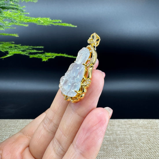 High-end 18K Yellow Gold Burmese Icy Jadeite Jade Guanyin Pendant with Diamond