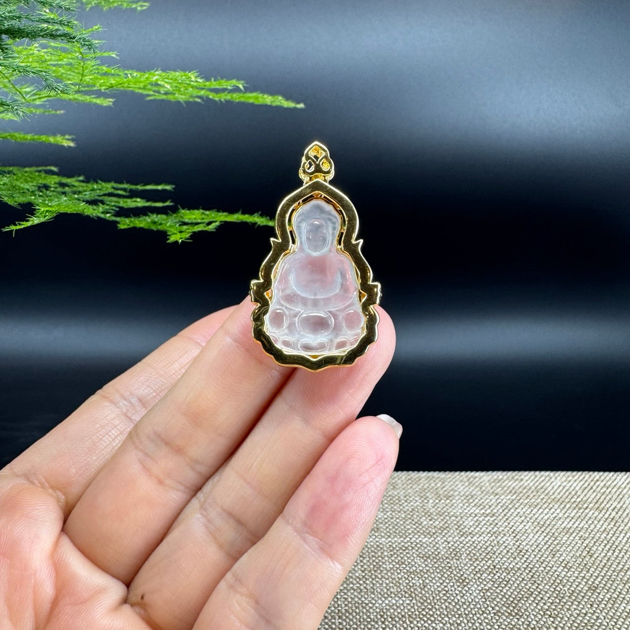 High-end 18K Yellow Gold Burmese Icy Jadeite Jade Guanyin Pendant with Diamond