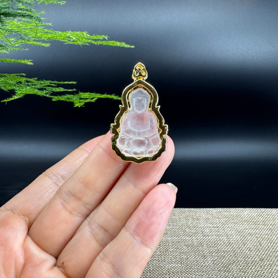 High-end 18K Yellow Gold Burmese Icy Jadeite Jade Guanyin Pendant with Diamond