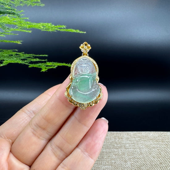 High-end 18K Yellow Gold Burmese Icy Apple Green Jadeite Jade Guanyin Pendant with Diamond